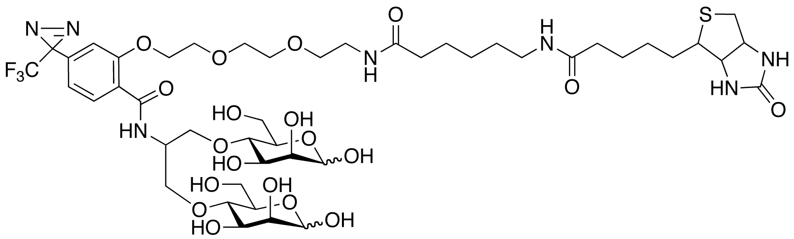 N-[2-[2-[2-[(N-Biotinyl-caproylamino)-ethoxy)ethoxyl]-4-[2-(trifluoromethyl)-3H-diazirin-3-yl]benzoyl]-1,3-bis(mannopyranosyl-4-yloxy)-2-propylamine - Chemical structure and product image