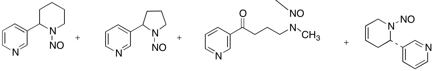 	Mixture of  (R,S)-N-Nitroso Anabasine, rac Nâ€™-Nitrosonornicotine, 4-(Methylnitrosamino)-1-(3-pyridyl)-1-butanone and (S)-N-Nitroso Anatabine (10Î¼g/mL in Acetonitrile) - Chemical structure and product image