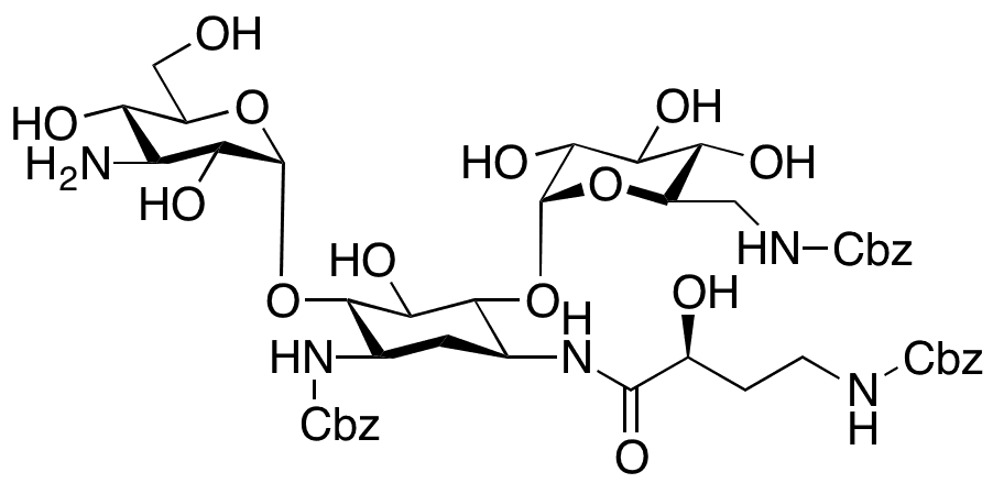  O-3-Amino-3-deoxy-α-D-glucopyranosyl-(1→6)-O-[6-deoxy-6-[[(phenylmethoxy)carbonyl]amino]-α-D-glucopyranosyl-(1→4)]-2-deoxy-N1-[(2S)-2-hydroxy-1-oxo-4-[[(phenylmethoxy)carbonyl]amino]butyl]-N3-[(phenylmethoxy)carbonyl]-D-Streptamine - Chemical structure and product image