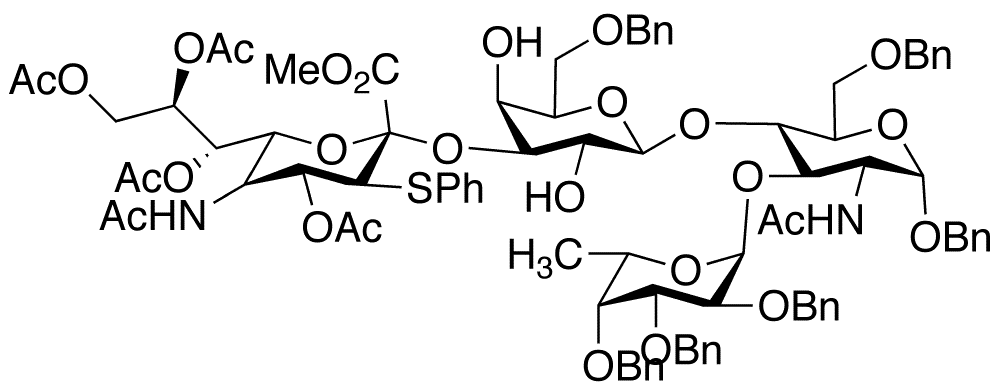  O-(5-Acetamido-4,7,8,9-tetra-O-acetyl-3-thiophenyl-α-neuraminosyl Methyl Ester)-2-α-3-O-(6-O-benzyl-β-D-galactopyranosyl)-1-β-4-O-[6-deoxy-2,3,4-tri-O-benzyl-α-L-galactopyranosyl-(1-α-3)]-2-(acetylamino)-2-deoxy-1,6-di-O-benzyl-α-D-glucose - Chemical structure and product image