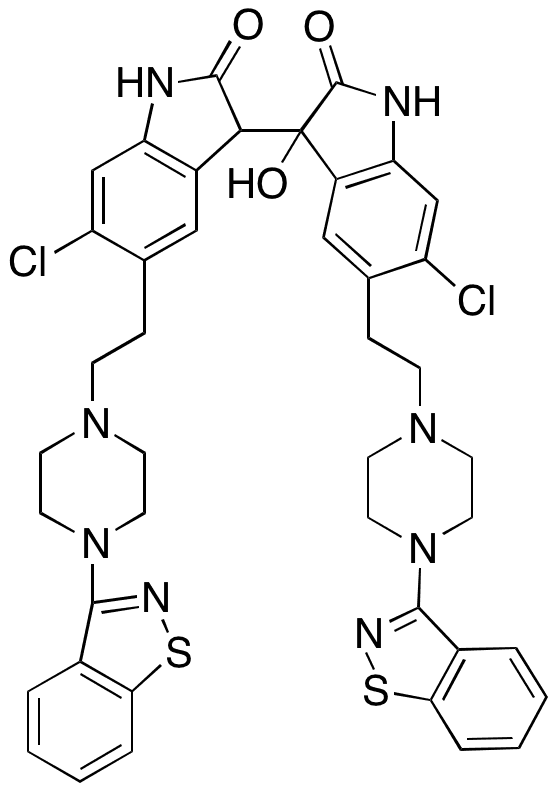 (5,5’-Bis(2-(4-(benzo[d]isothiazol-3-yl)piperazin-1-yl)ethyl)-6,6’-dichloro-3-hydroxy-3,3’-biindoline-2,2’-dione) - Chemical structure and product image