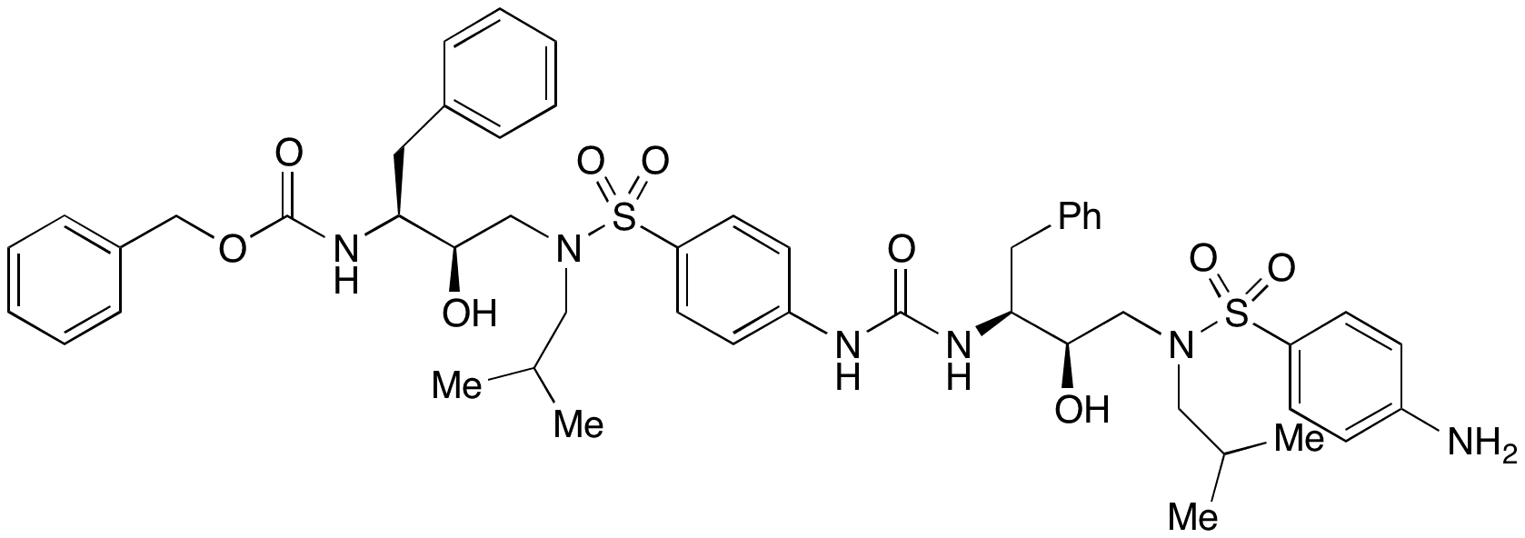 Benzyl ((2S 3R)-4-(4-(3-((2S 3R)-4-(4-Amino-N-isobutylphenylsulfonamido)-3-hydroxy-1-phenylbutan-2-yl)ureido)-N-isobutylphenylsulfonamido)-3-hydroxy-1-phenylbutan-2-yl)carbamate - Chemical structure and product image