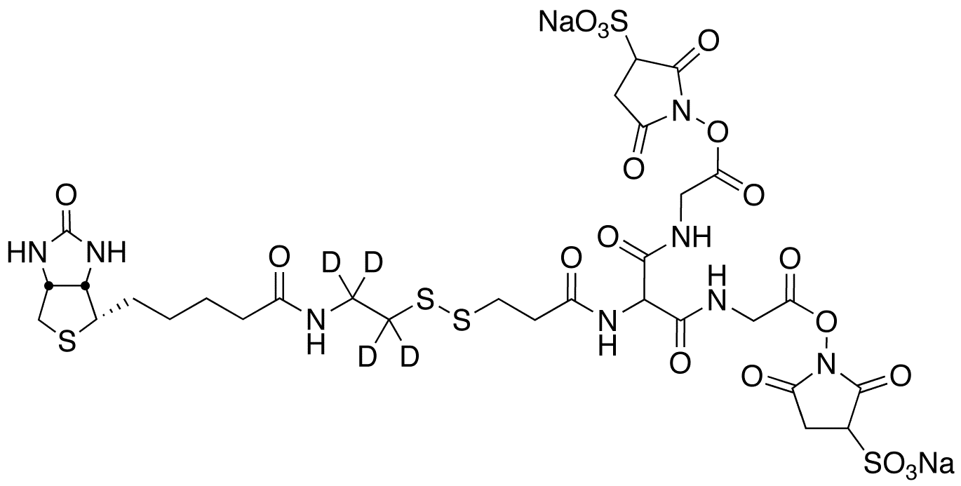5-[2-Biotinylamidoethyl]-dithiopropionamido]-3,7-diaza-4,6-diketononanoic Acid Bis-N-sulfosuccinimidyl Ester-d4 Disodium Salt - Chemical structure and product image