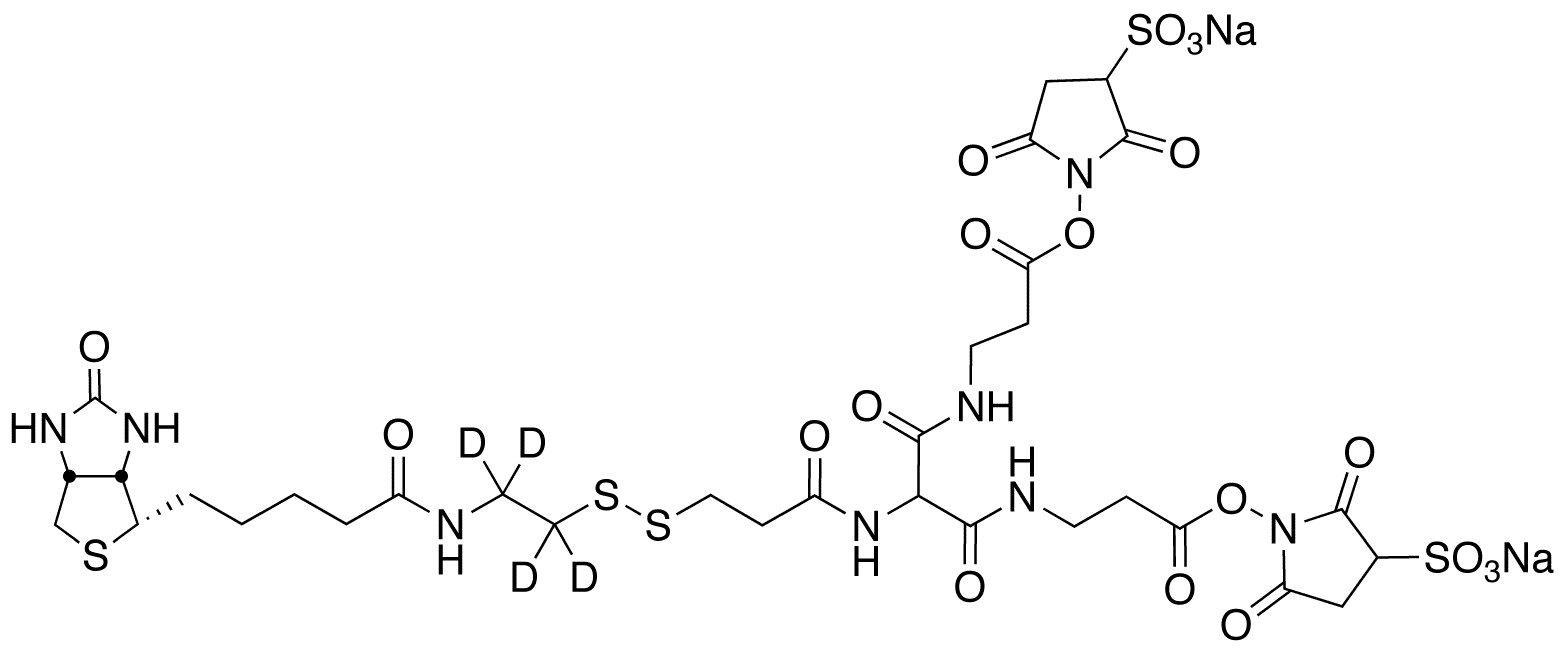 6-[2-Biotinylamidoethyl]-dithiopropionamido]-4,8-diaza-5,7-diketoundecanoic Acid Bis-N-sulfosuccinimidyl Ester-d4 Disodium Salt - Chemical structure and product image