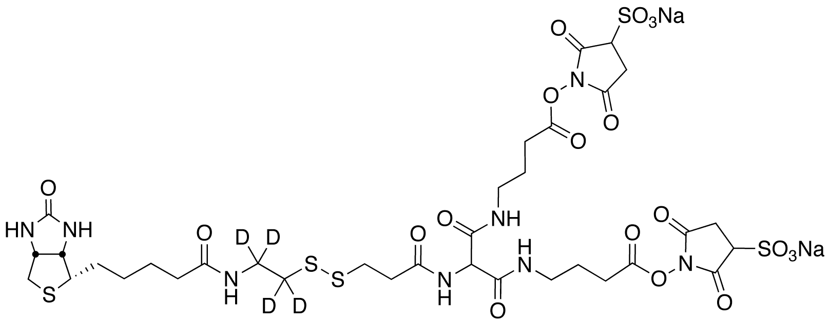 6-[2-Biotinylamidoethyl]-dithiopropionamido]-5,9-diaza-6,8-diketotridecanoic Acid Bis-N-sulfosuccinimidyl Ester-d4 Disodium Salt - Chemical structure and product image