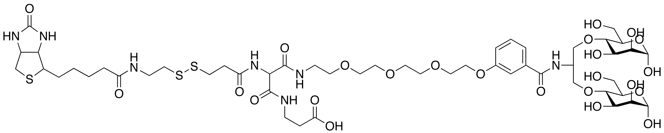 2-[(2-Biotinylamidoethyl)dithiopropionylamino]-N-11-[4-benzoyl-1,3-bis-(D-manos-4-yloxy)-2-propylamino-3,6,9,12-tetraoxododecanyl]-Nâ€™-(2-hydroxylcarbonylethylamino)malonic Acid Diamide - Chemical structure and product image