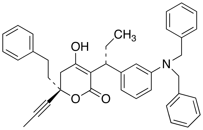 [R-(R,R)]-3-[1-[3-[Bis(phenylmethyl)amino]phenyl]propyl]-5,6-dihydro-4-hydroxy-6-(2-phenylethyl)-6-(1-propynyl)-2H-pyran-2-one - Chemical structure and product image