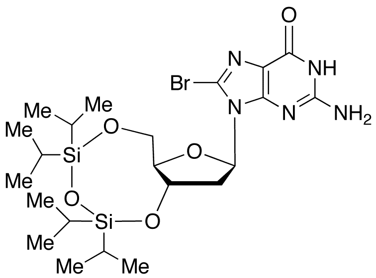 8-Bromo-N9-[3,5-O-(1,1,3,3-tetrakis(isopropyl)-1,3-disiloxanediyl)-beta-D-2-deoxyribofuranosyl]guanine - Chemical structure and product image