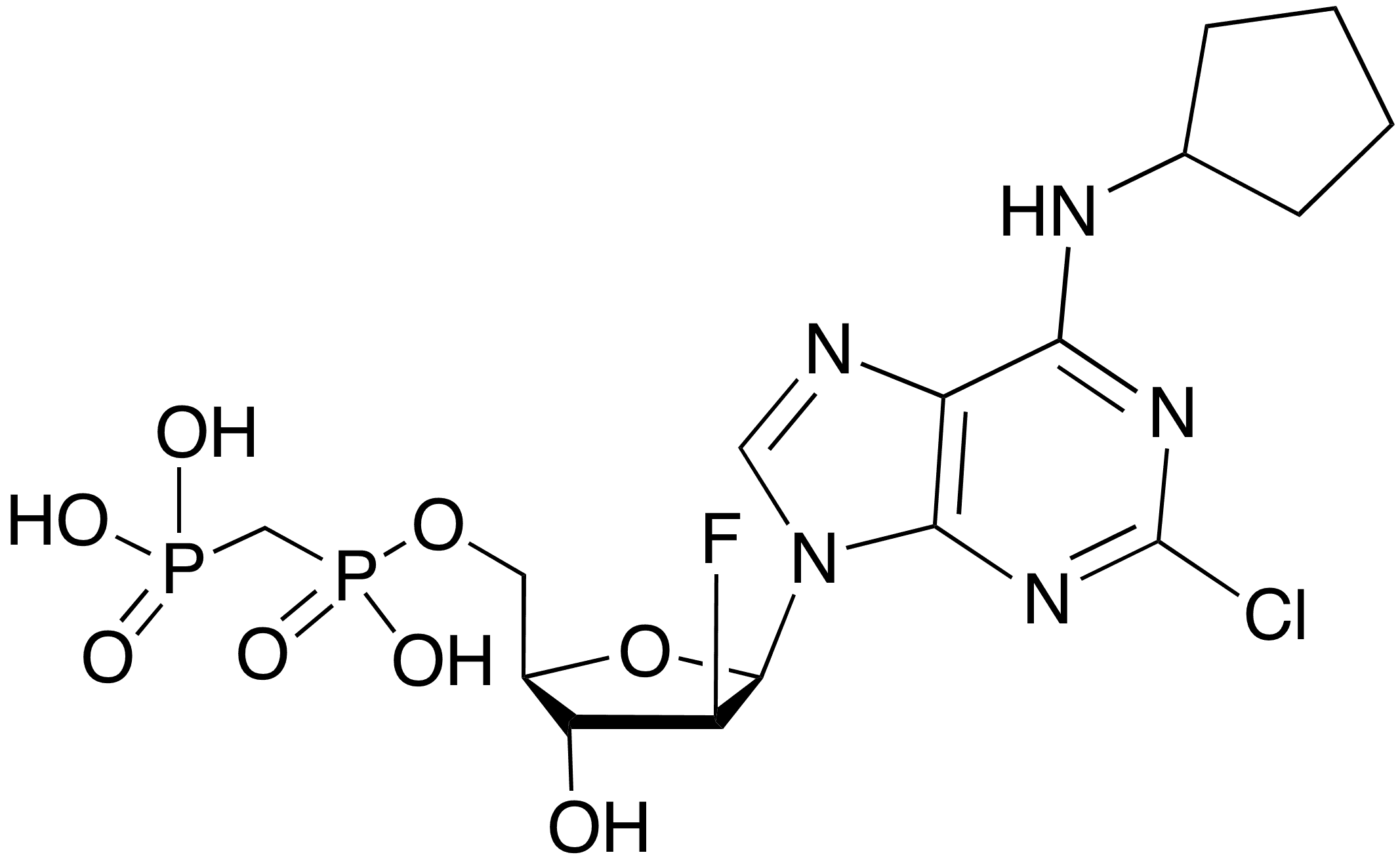 (((((2R,3R,4S,5R)-5-(2-Chloro-6-(cyclopentylamino)-9H-purin-9-yl)-4-fluoro-3-hydroxytetrahydrofuran-2-yl)methoxy)(hydroxy)phosphoryl)methyl)phosphonic Acid - Chemical structure and product image