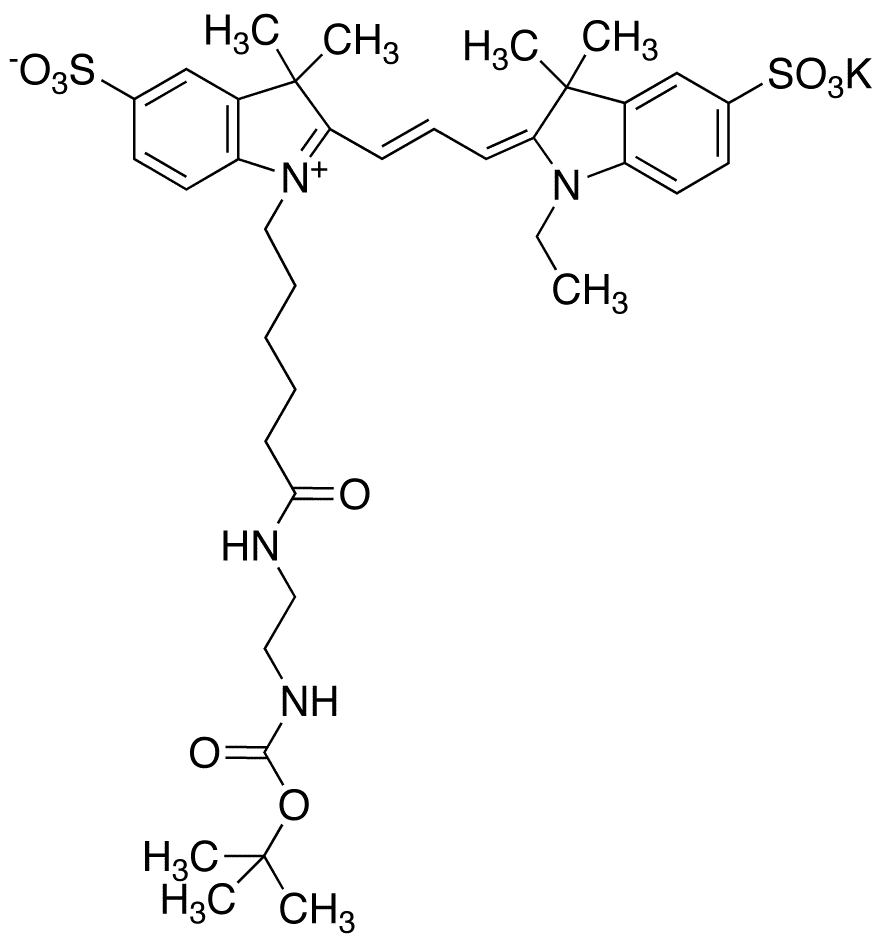 Cyanine 3 Monofunctional Hexanoic Acid Dye n-tert-Butyloxycarbonylethylenediamine Amide Potassium Salt - Chemical structure and product image