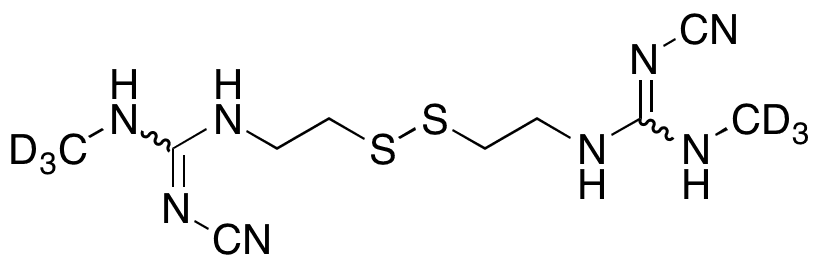 N-Cyano-3-(cyanoamino)-Nâ€™-methyl-7,8-dithia-2,4,11-triazadodec-2-en-12-imidamide-D6(Cimetidine Impurity) - Chemical structure and product image