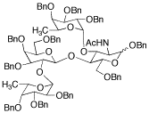 1,6-O-Dibenzyl-2-acetamido-2-deoxy-3-O-(2,3,4-O-tribenzyl-alfa-L-fucopyranosyl)-4-O-[2-O-(2,3,4-O-tribenzyl-alfa-L-fucopyranosyl)-3,4,6-O-tribenzyl-beta-D-galactopyranosyl]-D-glucopyranoside - Chemical structure and product image
