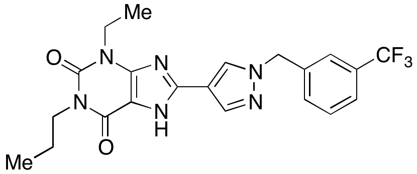 3-Ethyl-3,9-dihydro-1-propyl-8-[1-[[3-(trifluoromethyl)phenyl]methyl]-1H-pyrazol-4-yl]-1H-purine-2,6-dione - Chemical structure and product image