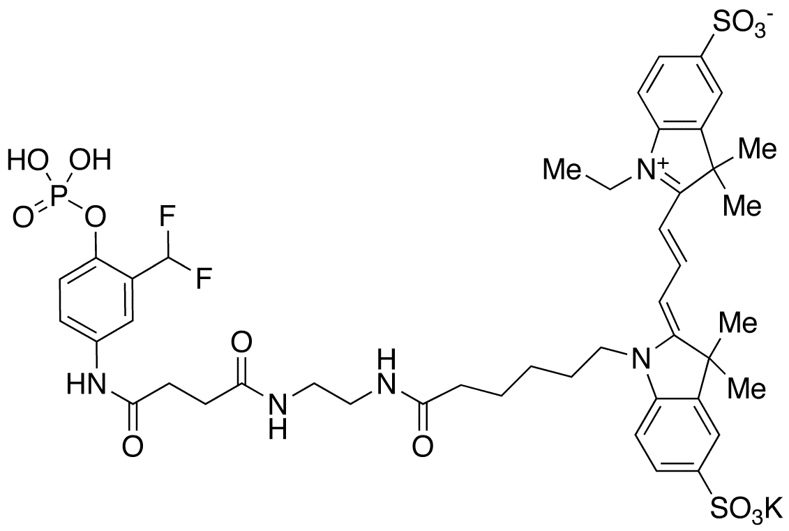 Ethylenediamine N-[(Cyanine 3) Monofunctional Hexanoic Acid]-N-[3-difluoromethyl-4-phosphoanilinamidosuccinic Acid] Diamide - Chemical structure and product image