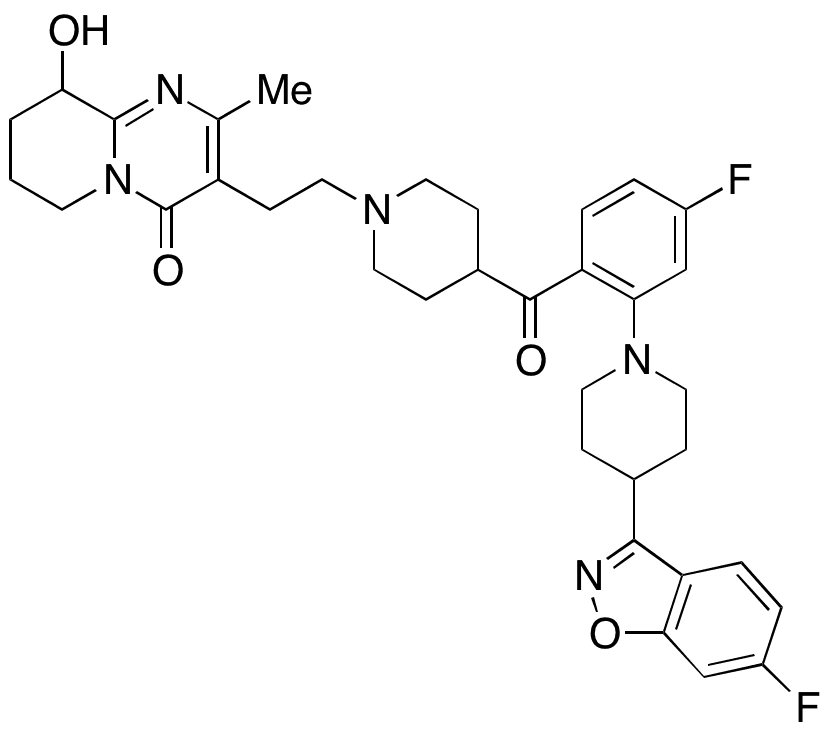 3-[2-[4-[4-Fluoro-2-[4-(6-fluoro-1,2-benzisoxazol-3-yl)piperidin-1-yl]benzolyl]piperidin-1-yl]ethyl-2-methyl-6,7,8,9-tetrahydro-9-hydroxy-4H-pyrido[1,2-a]pyrimidin-4-one - Chemical structure and product image