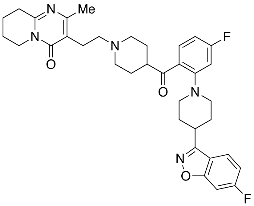 3-[2-[4-[4-Fluoro-2-[4-(6-fluoro-1,2-benzisoxazol-3-yl)piperidin-1-yl]benzolyl]piperidin-1-yl]ethyl-2-methyl-6,7,8,9-tetrahydro-4H-pyrido[1,2-a]pyrimidin-4-one - Chemical structure and product image