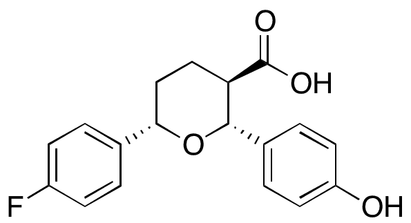 (2R,â€‹3R,â€‹6S)â€‹-6-â€‹(4-â€‹Fluorophenyl)â€‹tetrahydro-â€‹2-â€‹(4-â€‹hydroxyphenyl)â€‹-2H-pyran-3-carboxylic Acid - Chemical structure and product image