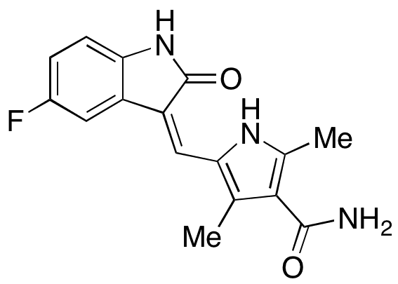 5-[(Z)-(5-Fluoro-1,2-dihydro-2-oxo-3H-indol-3-ylidene)methyl]-2,4-dimethyl-1H-pyrrole-3-carboxamide - Chemical structure and product image