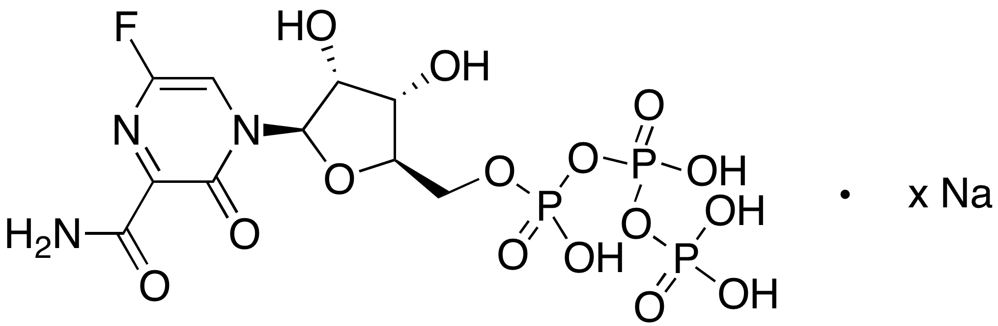 6-â€‹Fluoro-â€‹3,â€‹4-â€‹dihydro-â€‹4-â€‹[5-â€‹O-â€‹[hydroxy[[hydroxy(phâ€‹osphonooxy)â€‹phosphinyl]â€‹oxy]â€‹phosphinyl]â€‹-â€‹beta-â€‹D-â€‹ribofuranosyl]â€‹-â€‹3-â€‹oxo-â€‹pyrazinecarboxamide Sodium Salt (>75%) - Chemical structure and product image