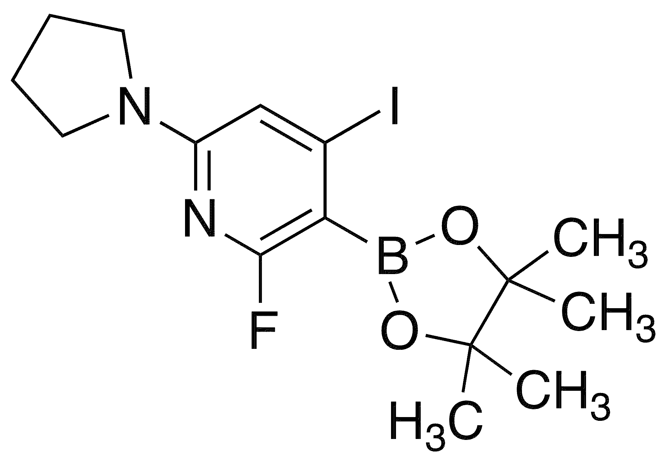 2-Fluoro-4-iodo-6-(pyrrolidin-1-yl)-3-(4,4,5,5-tetramethyl-1,3,2-dioxaborolan-2-yl)pyridine - Chemical structure and product image