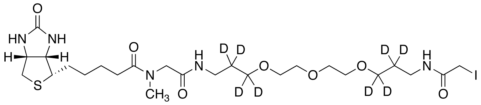 Nâ€™-(13-Iodoacetamido-4,7,10-trioxatridecanyl-2,2â€™,3,3â€™,11,11â€™,12,12â€™-d8)-N-methyl-N-biotinylglycinamide - Chemical structure and product image