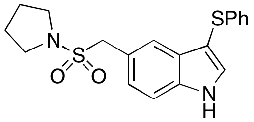 3-(Phenylthio)-5-((pyrrolidin-1-ylsulfonyl)methyl)-1H-indole - Chemical structure and product image