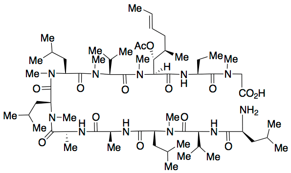 L-leucyl-L-valyl-N-methyl-L-leucyl-L-alanyl-D-alanyl-N-methyl-L-leucyl-N-methyl-L-leucyl-N-methyl-L-valyl-(2S,3R,4R,6E)-3-(acetyloxy)-4-methyl-2-(methylamino)-6-octenoyl-(2S)-2-aminobutanoyl-N-methyl-glycine - Chemical structure and product image