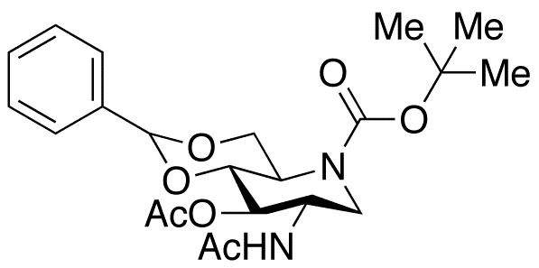 2-Acetamido-3-O-acetyl-4,6-O-benzylidene-N-(tert-butoxycarbonyl)-1,2,5-trideoxy-1,5-imino-D-glucitol - Chemical structure and product image