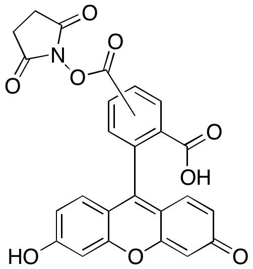 5(6)-Carboxyfluorescein N-hydroxysuccinimide ester - Chemical structure and product image